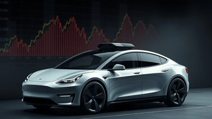 Depicts a struggling Tesla stock chart alongside an autonomous vehicle, symbolizing investor skepticism over Tesla's autonomous driving goals.