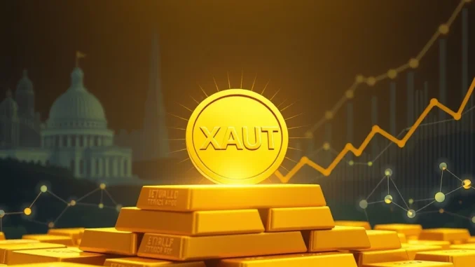 Tether Gold (XAUt) Unleashed: Why This Tokenized Asset Soars 40% Amidst Gold ETFs & Central Bank Demand A visual representation of Tether Gold (XAUt) soaring, with gold bars, blockchain elements, and central bank symbols, illustrating its market cap growth.