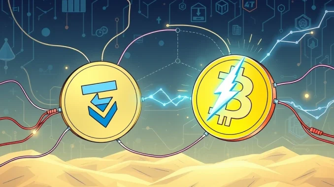 A visual representation of Tether's integration with the Lightning Network, symbolizing rapid Bitcoin and USDT transactions facilitated by the Wallet Development Kit.