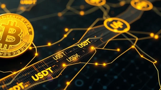 Visualizing Tether USDT flowing natively on the Bitcoin network, symbolizing enhanced stablecoin transfers and efficiency.