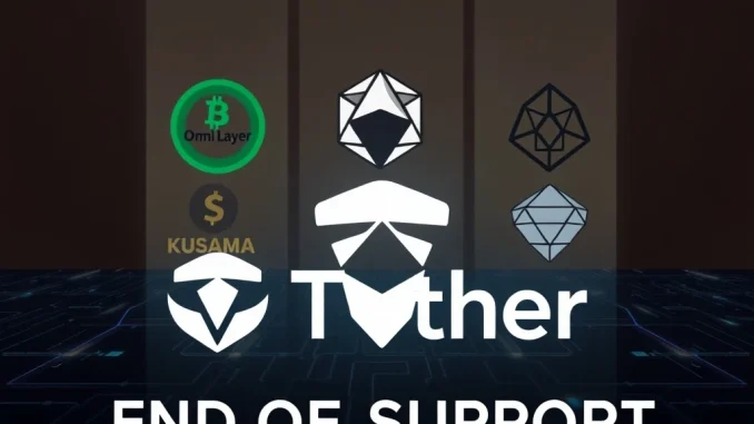 Tether USDT logo overseeing five fading blockchain symbols, illustrating the strategic end of support for specific chains.