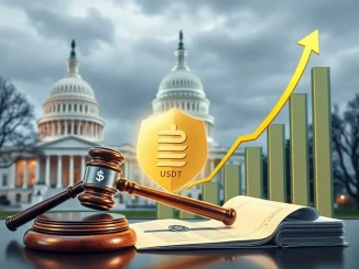 Tether USDT aims for monumental growth under new US stablecoin law, symbolizing regulatory alignment and market expansion.