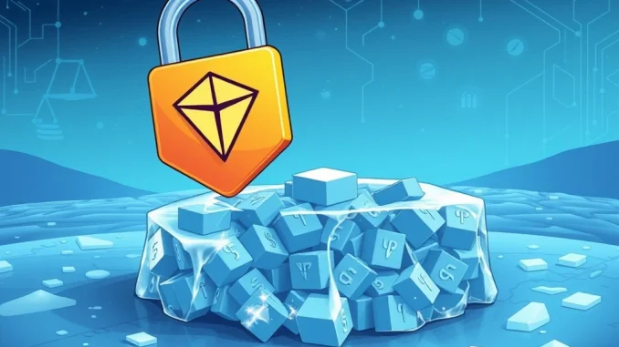 A visual representation of Tether's decisive action to freeze USDT on the Tron blockchain for AML compliance, highlighting the impact of the Tether freeze.