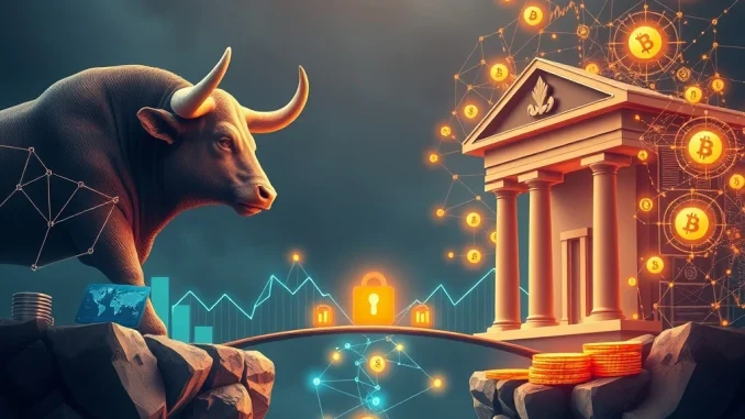 A visual metaphor for Tokenized Money Market Funds bridging traditional finance with blockchain, representing innovation and growth.