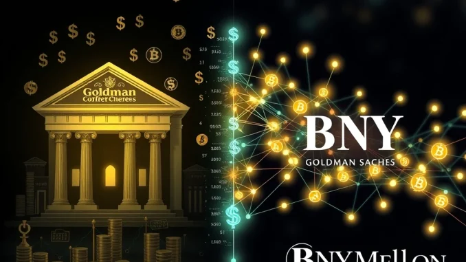Goldman Sachs and BNY Mellon logos intertwined with digital lines representing tokenized money market shares transforming the financial landscape.