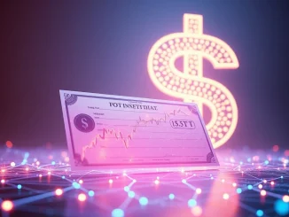 A visual representation of tokenized stocks growing exponentially, showing a blockchain network connecting to financial markets, highlighting the $1.3 trillion potential.