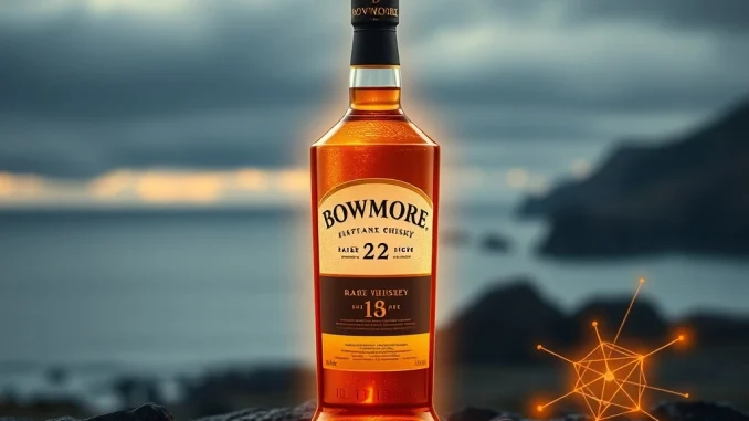 A rare bottle of Bowmore tokenized whiskey merging with digital blockchain elements, symbolizing its launch on Avalanche.