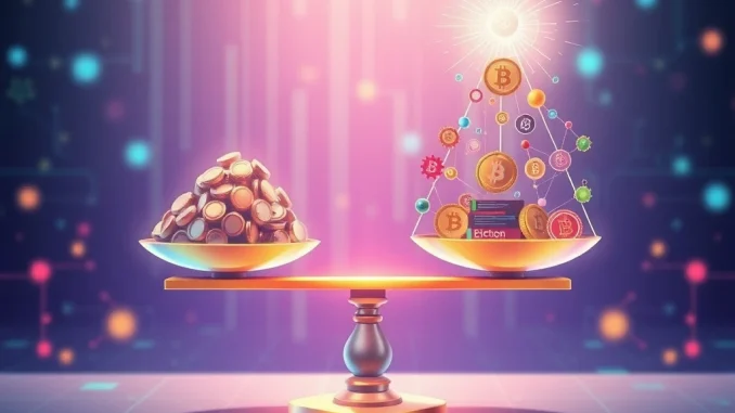 A balanced scale showing contributions outweighing capital, symbolizing improved tokenomics for robust crypto ecosystems.