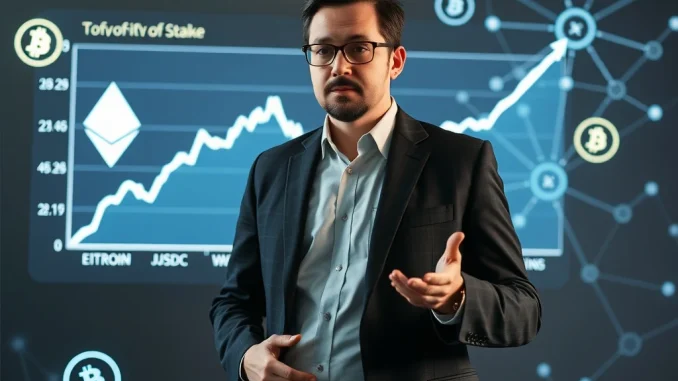 Ethereum News Today: Tom Lee's Astounding Shift to Ethereum Signals a New Era for Crypto Investment Financial analyst Tom Lee gestures towards a chart showing Ethereum outperforming Bitcoin, symbolizing a strategic shift in crypto investment.