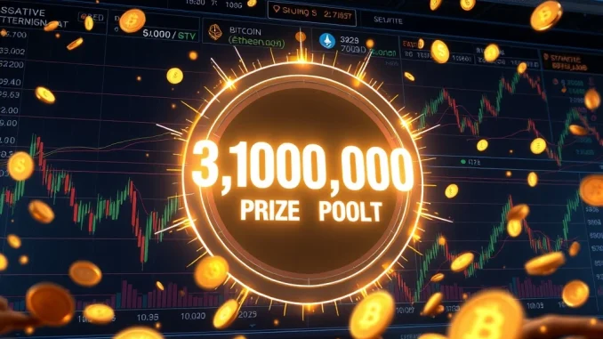 Dynamic visual of a crypto trading interface with a large prize pool, representing Toobit's Bitcoin futures trading tournament.
