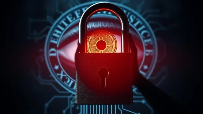 A digital padlock representing Tornado Cash under intense scrutiny from a glowing eye symbolizing the DOJ, highlighting the Tornado Cash DOJ probe.