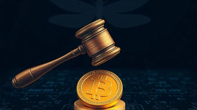 Tornado Cash Fallout: DoJ's Alarming Charges Against Dragonfly Capital Threaten Crypto Innovation A gavel striking a crypto coin, symbolizing the DoJ's potential charges against Dragonfly Capital for Tornado Cash, highlighting the regulatory shift.