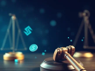 A legal gavel resting on a blockchain, symbolizing the crucial support for the Tornado Cash founder's legal defense.