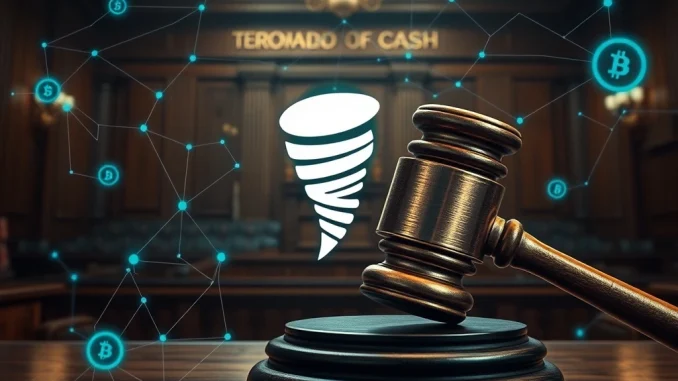 A courtroom scene depicting the intense Roman Storm Tornado Cash trial, highlighting the clash between crypto decentralization and legal oversight.