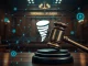 A courtroom scene depicting the intense Roman Storm Tornado Cash trial, highlighting the clash between crypto decentralization and legal oversight.