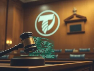 A gavel striking a blockchain symbol, representing the legal battle of the Tornado Cash trial and its implications for crypto privacy.
