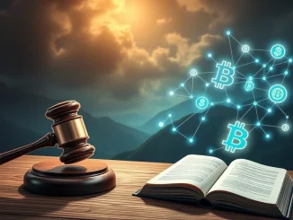 A gavel striking a digital block, symbolizing the legal challenges faced by Ethereum's Tornado Cash in the DeFi regulation trial.