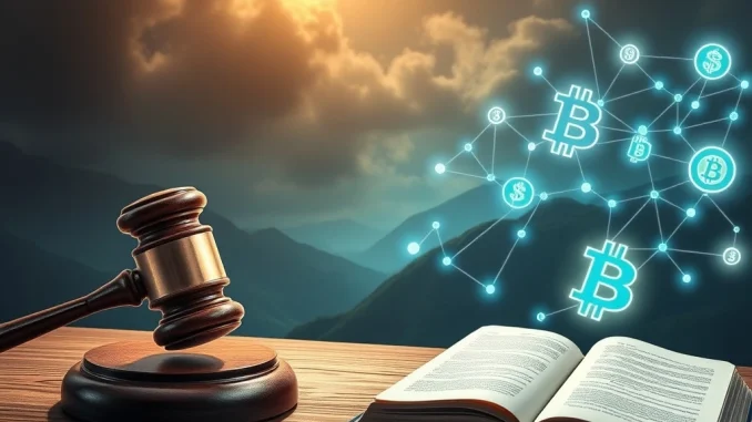 A gavel striking a digital block, symbolizing the legal challenges faced by Ethereum's Tornado Cash in the DeFi regulation trial.