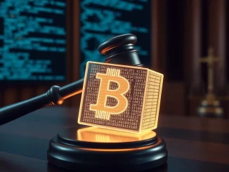 A digital gavel striking a blockchain block, symbolizing the legal implications of the Tornado Cash trial on crypto regulation and developer liability.