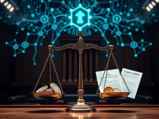 A courtroom scene symbolizing the complex legal battle over Tornado Cash, highlighting the intense debate on crypto liability and developer freedom.
