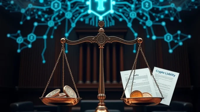 A courtroom scene symbolizing the complex legal battle over Tornado Cash, highlighting the intense debate on crypto liability and developer freedom.