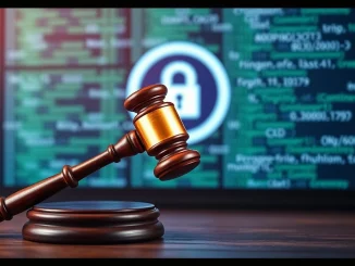 A gavel over a blockchain network, symbolizing the Tornado Cash trial's impact on crypto privacy and the future of decentralized finance.