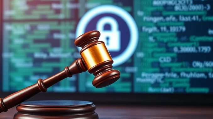 A gavel over a blockchain network, symbolizing the Tornado Cash trial's impact on crypto privacy and the future of decentralized finance.