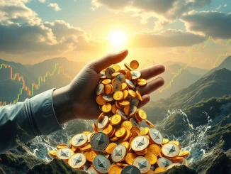 A digital representation of large ETH blocks being moved, symbolizing Trend Research's significant ETH sale impacting the Ethereum market.