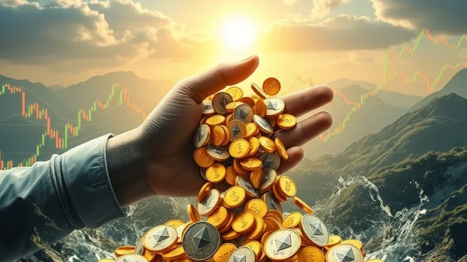 A digital representation of large ETH blocks being moved, symbolizing Trend Research's significant ETH sale impacting the Ethereum market.