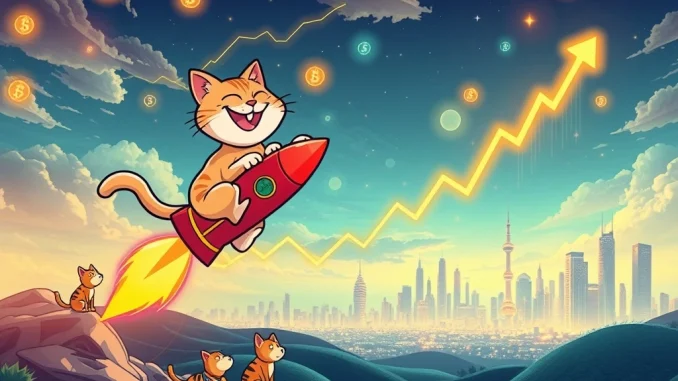 Troller Cat meme character soaring above other meme coins, symbolizing its exceptional growth and market dominance in the crypto space.