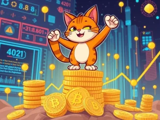 A dynamic illustration of Troller Cat, a cartoon cat character, symbolizing the explosive surge of the Troller Cat meme coin amidst a blockchain gaming backdrop.
