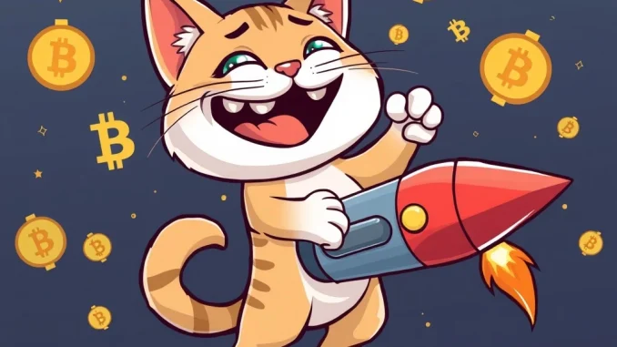 Troller Cat meme coin rocket growth with cryptocurrency symbols