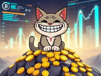A playful Troller Cat character sitting on a pile of coins, symbolizing the project's impressive ROI and success in the crypto presale market.