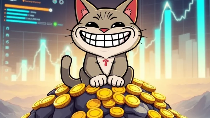 A playful Troller Cat character sitting on a pile of coins, symbolizing the project's impressive ROI and success in the crypto presale market.