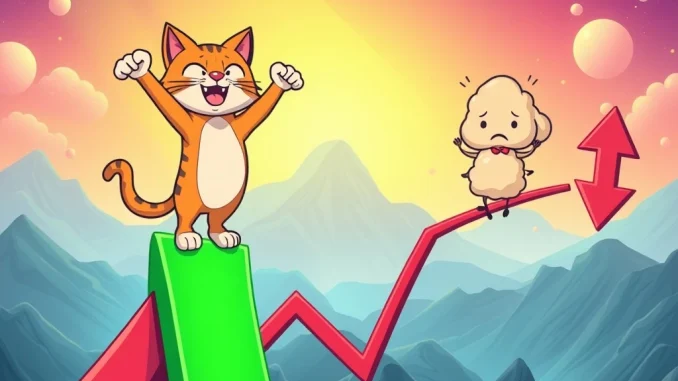 Troller Cat meme coin surges, symbolizing massive cryptocurrency ROI in its presale, challenging established projects like Pudgy Penguins.