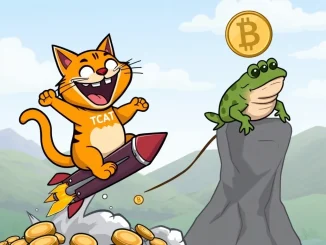A vibrant Troller Cat character ascending rapidly, symbolizing its presale success, while a subdued Brett coin character recedes, representing its declining momentum.