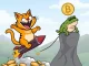 A vibrant Troller Cat character ascending rapidly, symbolizing its presale success, while a subdued Brett coin character recedes, representing its declining momentum.