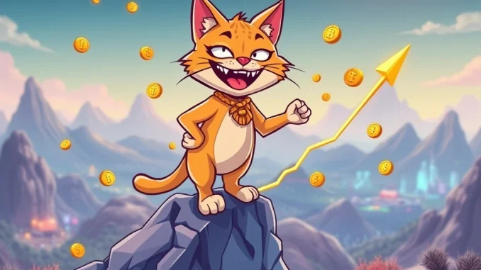 A cartoon Troller Cat meme coin character confidently stands on a rising crypto chart, symbolizing its projected surge and innovative tokenomics.