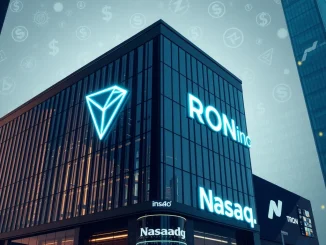 Tron Inc. logo displayed on a corporate building, symbolizing its new focus on TRX token management and Nasdaq listing.