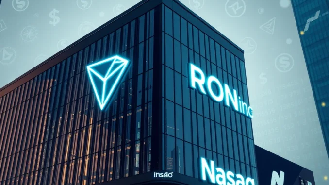 Tron Inc. logo displayed on a corporate building, symbolizing its new focus on TRX token management and Nasdaq listing.
