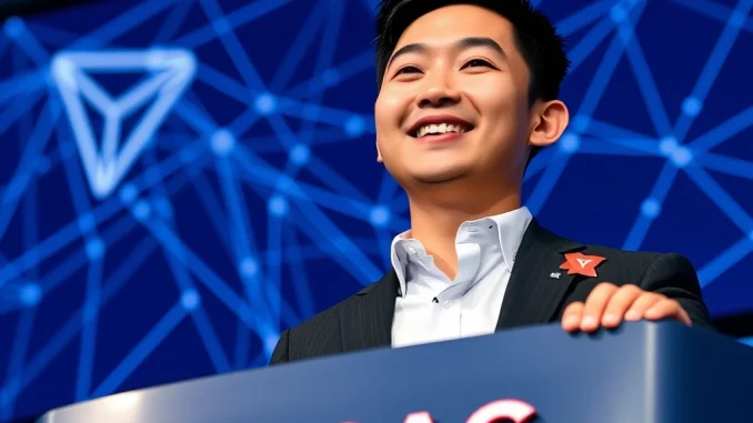 Justin Sun, Tron founder, ringing the Nasdaq bell, symbolizing Tron's push for blockchain integration into mainstream finance.