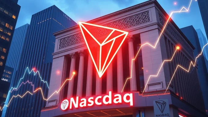 TRON logo prominently displayed with Nasdaq market data, symbolizing TRON's strategic Nasdaq listing and its impact on crypto rankings.