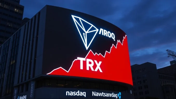 Visualizing the impact of Tron's Nasdaq listing, showing a significant TRX volume spike and its entry into mainstream blockchain finance.