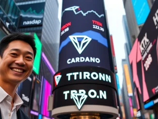 Justin Sun ringing the Nasdaq bell, symbolizing TRON's market cap rise over ADA.
