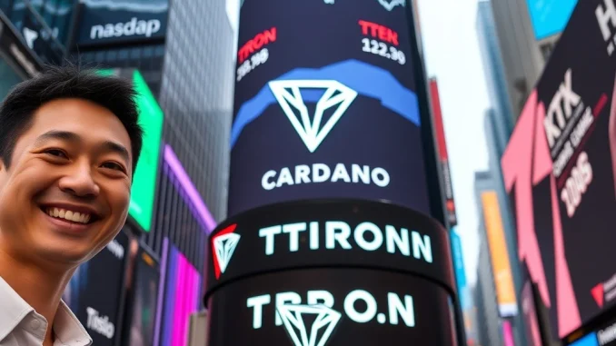 Justin Sun ringing the Nasdaq bell, symbolizing TRON's market cap rise over ADA.