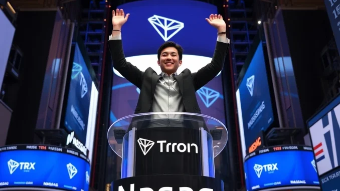 Tron's Historic Nasdaq Debut: TRX Price Soars After $100M Reverse Merger Justin Sun celebrates Tron's Nasdaq listing, symbolizing TRX's market surge and blockchain's entry into traditional finance.