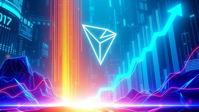 Visualizing TRON's impressive Q2 performance with rising charts and the TRON logo, highlighting its market cap and revenue growth.