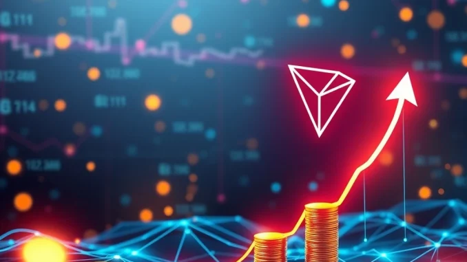 A digital representation of TRON's impressive Q2 2025 blockchain revenue growth and market cap surge driven by stablecoin dominance.