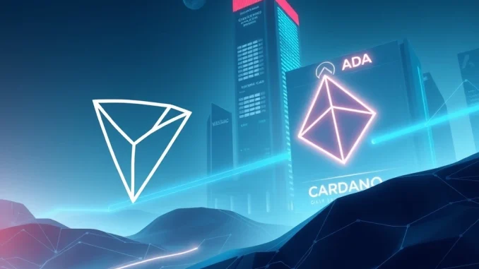 TRON logo soaring past Cardano's, symbolizing its incredible rise in crypto market cap driven by Justin Sun's strategic moves.