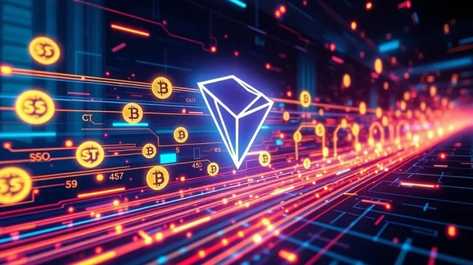 TRON's blockchain efficiently processing stablecoin transactions on the Uquid e-commerce platform, symbolizing its market dominance.